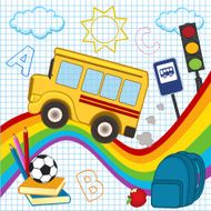 school bus travels over the rainbow