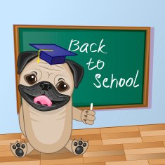 Cartoon Pug Dog wrote in classroom