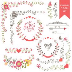 Festive floral set Frames flowers ribbons vignettes