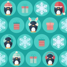 Christmas flat seamless pattern with gifts and penguins