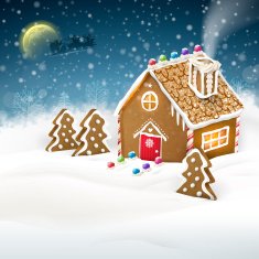 gingerbread house over snow field N2