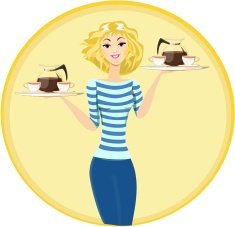 Girl Waitress Carrying a Tray with Cups of Coffee and