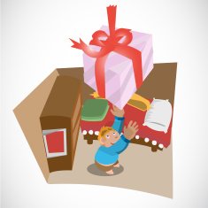 boy and falling present box from sky at bed room