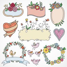 Cute hand drawn design elements flowers wreaths banners ribbons N2