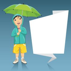 Little Boy Holding Umbrella Next To An Origami Banner