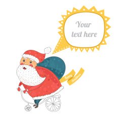 Christmas card with santa on bike snow background