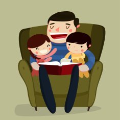 father and kids reading cartoon characters vector illustration