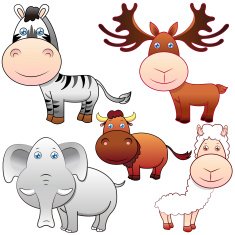 five animals on white background