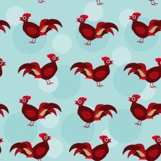 Seamless pattern with funny cute rooster bird on blue background