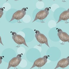 Seamless pattern with funny cute quail bird on blue background