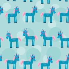 Seamless pattern with funny cute unicorn animal on blue background