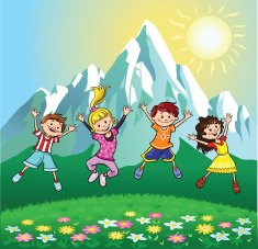 Happy Children Joy Jumping on the Mountain Grass