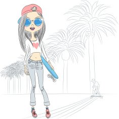 Vector fashion beautiful girl with skateboard