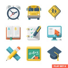 School and education-themed flat icons on a grid