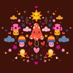 mushrooms flowers hearts & birds stylized nature illustration