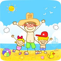 children with father at beach cartoon illustration