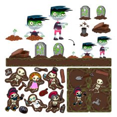 Set of game elements with zombie character platforms and objects