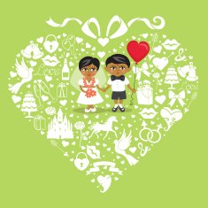 Wedding elements in hearts composition with baby bride and groo