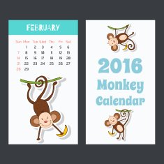 Calendar with a cute monkey icons for 2016 February N2