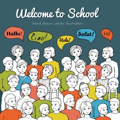 Children group illustration with speech clouds of different foreign languages N3
