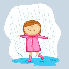 Cute girl in pink raincoat dancing and enjoying rain