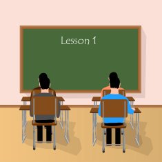 whiteboard teaching in front of the children sitting