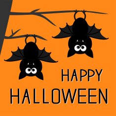 Two bats hanging on the tree Happy Halloween card Flat