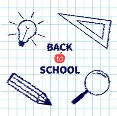 Handdrawn doodle Magnifier pencil light bulb ruller on paper sheet