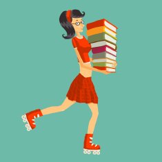 Student or schoolgirl with books on roller skates