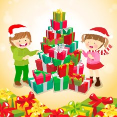 Christmas Tree with Little Boy and Girl