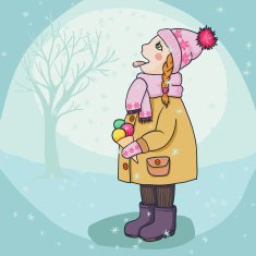 Girl eating snow and icecream in winter