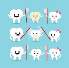 Vector Cute healthy white teeth family helping brushing their son