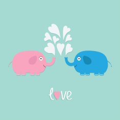 Pink and blue elephants with heart fountain Love card Flat