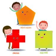 Cute little cartoon kids with basic shapes square cross pentagon