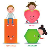 Cute little cartoon kids with basic shapes heart hexagon rectangle