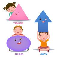 Cute little cartoon kids with basic shapes ellipse arrow triangle