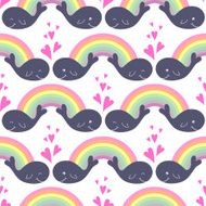 Cute seamless pattern with cartoon whales in love and rainbows