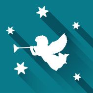 Silhouette of angel with trumpet and stars vector background