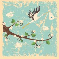 Vintage cartoon flowering branch stork newborn baby boy