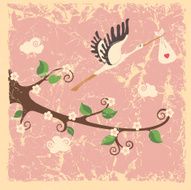 Vintage cartoon flowering branch stork newborn baby girl