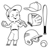 Cartoon boy playing baseball Baseball equipment Outline