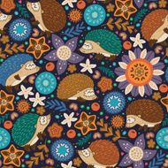 Seamless pattern with hedgehogs and floral elements N3