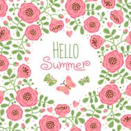 Season card Hello Summer with cute flowers and butterflies