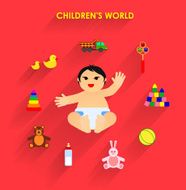 Funny little baby with toys flat icons