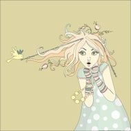 Spring girl with bird and flowers