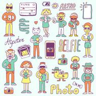 Hipster doodles selfie set colorful Hand drawn vector illustration