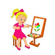 Girl paints flower on an easel