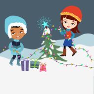 Kids Decorating a Tree in Snowy Background
