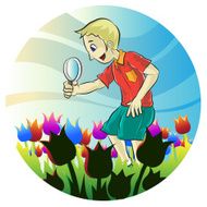 Portrait of male playing magnifying glass in flower field