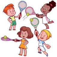 Cartoon Kids Playing Tennis N2